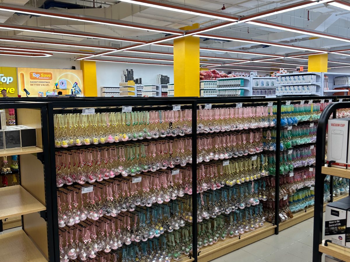Long aisle of shelving stacked with packaged goods running the depth of the shop